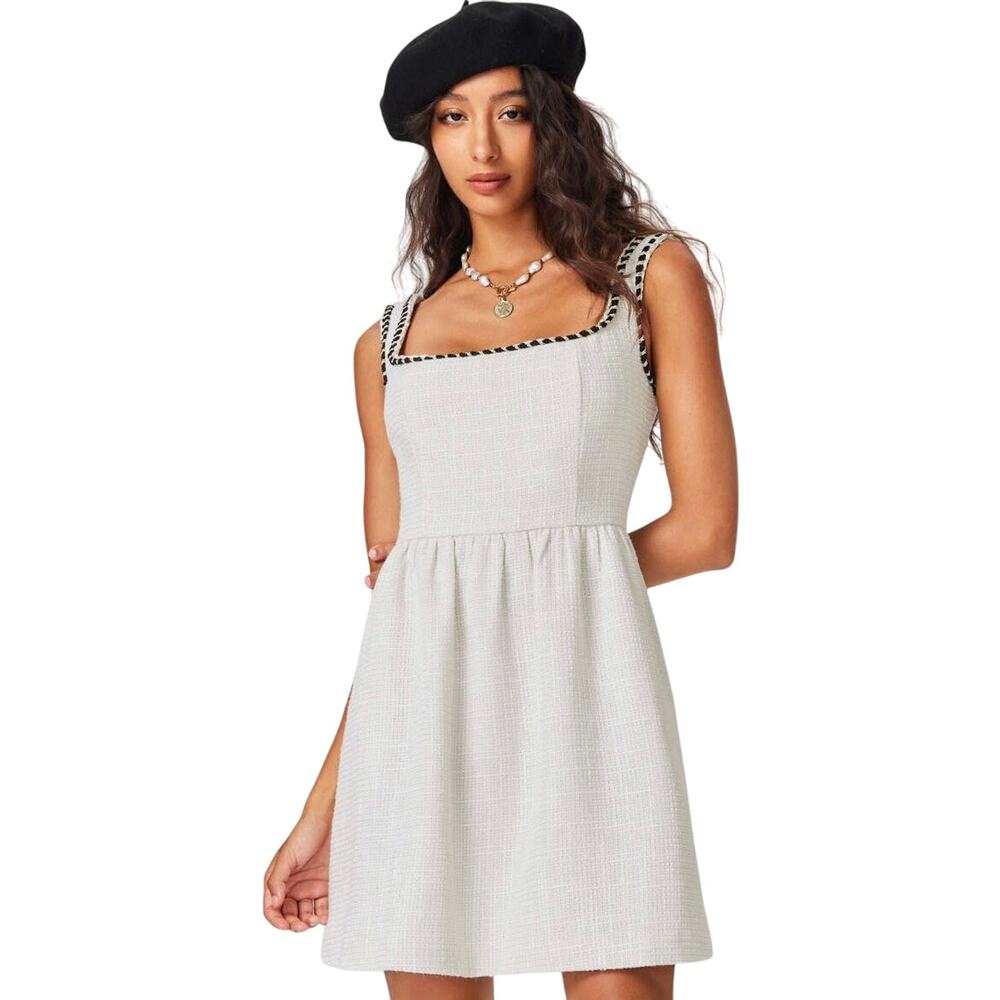 NWT Cider Tea Party French Girl Tweed U-Neckline Ivory Mini Dress Size Small